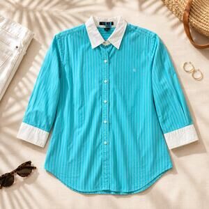 Lauren Ralph Lauren Aqua Striped Cotton Shirt Preppy Coastal Style Button Down L